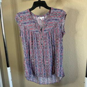 DR2 Womens Small Breathable Bohemian Floral Flowy‎ Sleeveless Blouse Top V-Neck